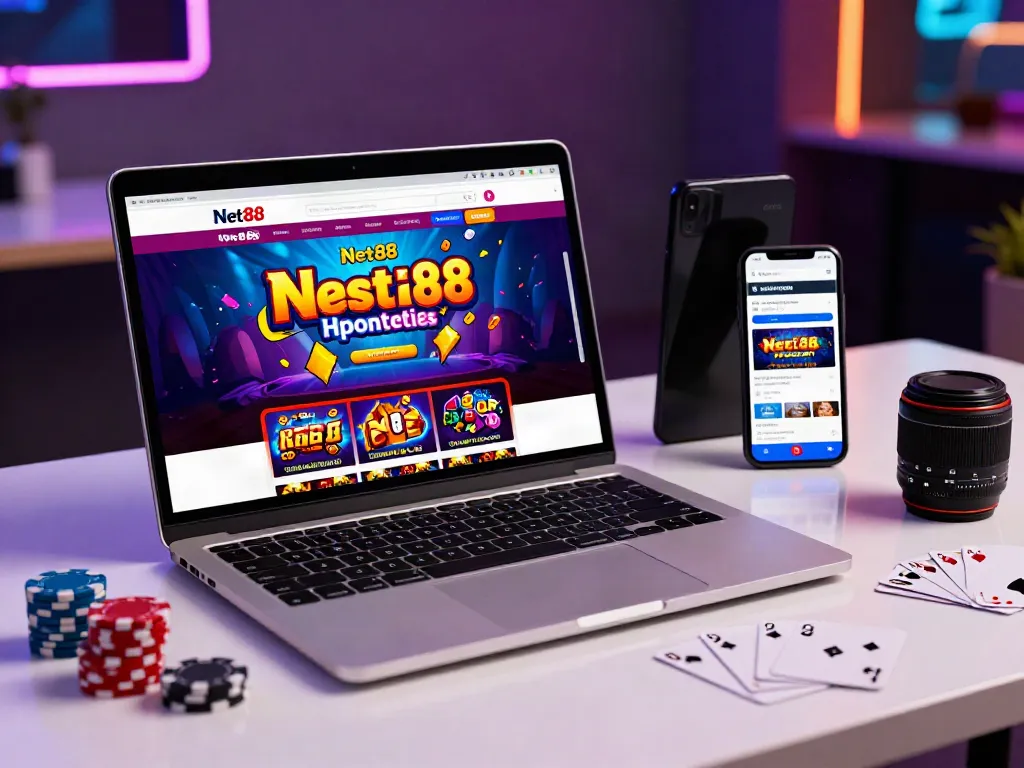 Engaging Net88 online gambling gaming setup featuring a laptop, smartphone, and promotional materials.