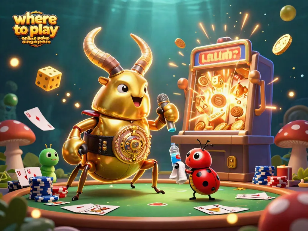 Join the action where to play online poker singapore with giant beetles and lively casino elements in a vibrant scene.