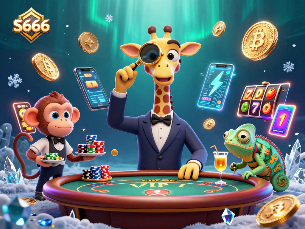 Experience vibrant S666 gaming action with a giraffe, monkey, and chameleon in a casino setting.