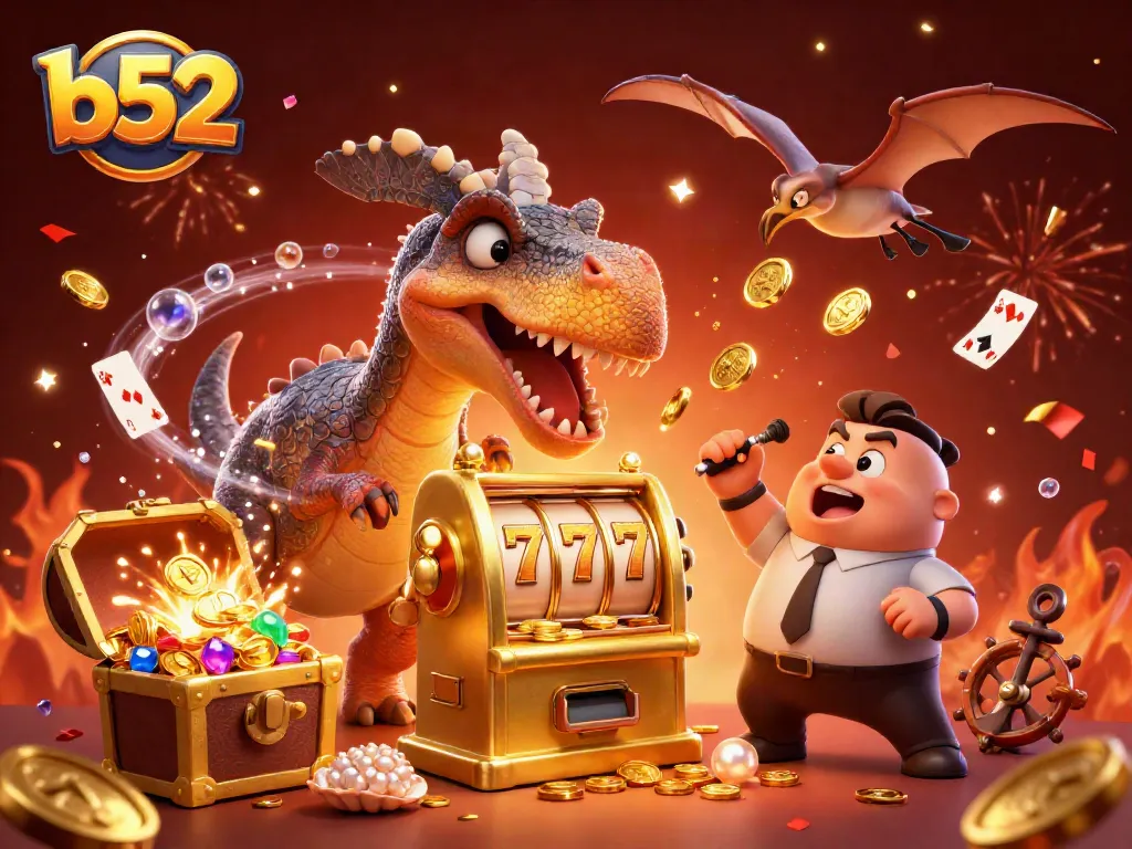 b52 brings excitement with a dinosaur hitting a slot machine and catching golden coins in this vibrant casino scene.