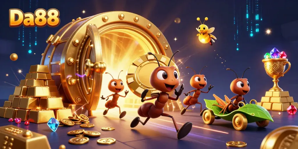 Engaging scene of Da88, a team of ants heist with a golden poker chip, capturing casino energy.