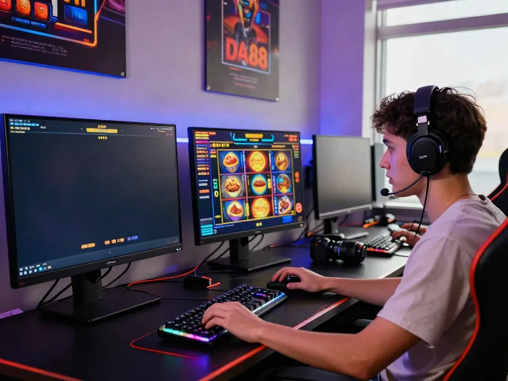 Player enjoying a thrilling DA88 slot game experience with colorful graphics and dynamic atmosphere.