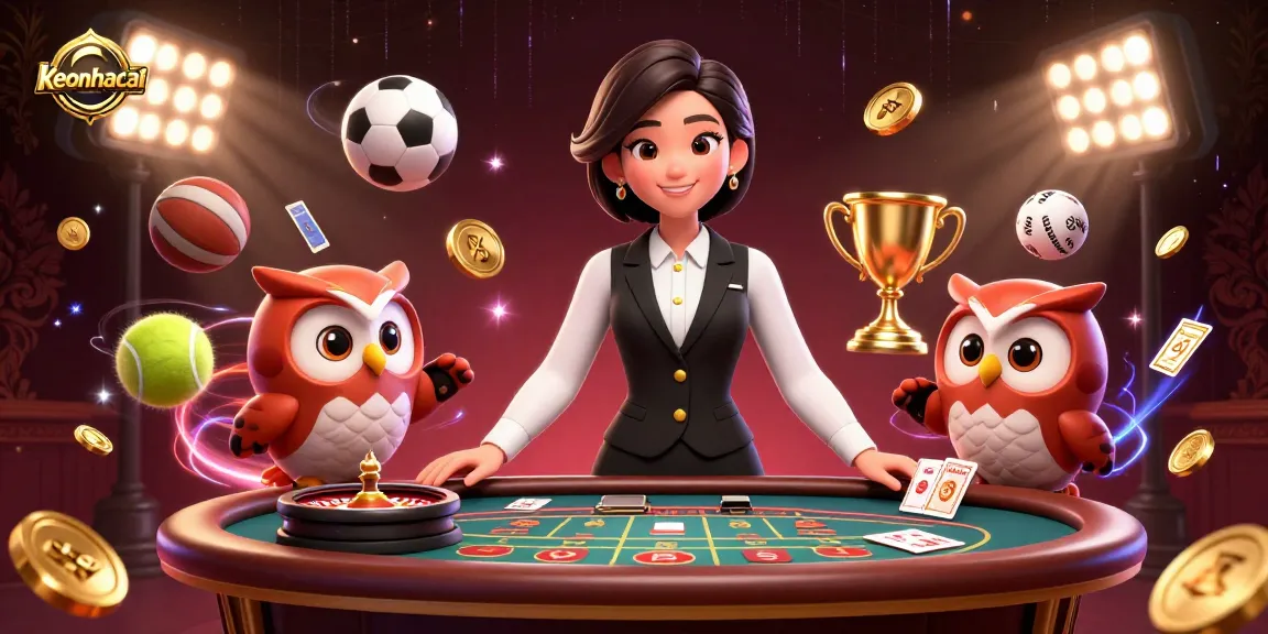 Engage with keonhacai at a dynamic baccarat table featuring a charming dealer duo amidst vibrant sports elements.