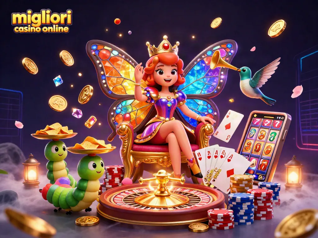 Scopri i migliori casino online con la regina farfalla e un trono di fiori mentre giochi a roulette e slot.