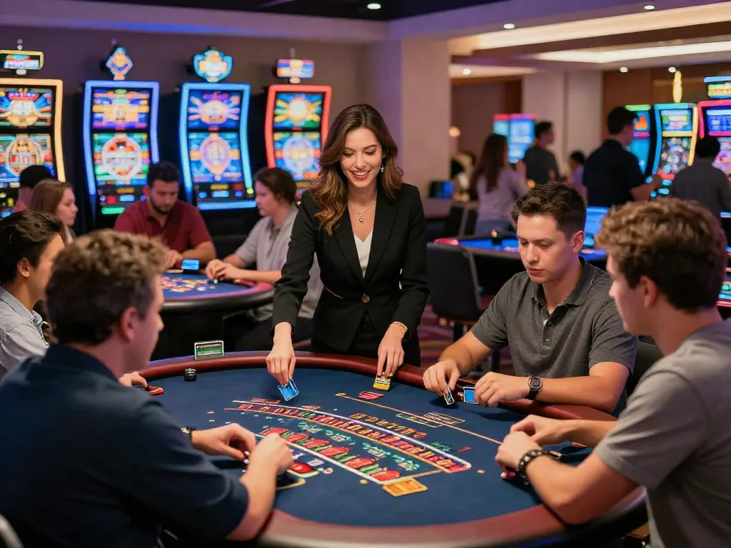 Players enjoying games at a credit card casino, showcasing vibrant interactions and modern decor.