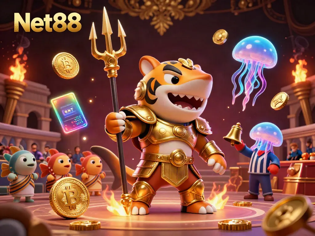 Engage with Net88's immersive casino scene featuring a golden shark gladiator and vibrant crypto elements.