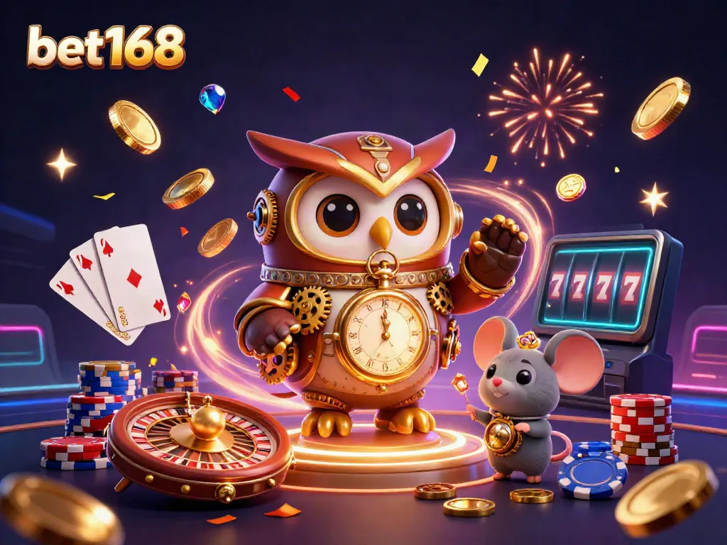 Experience thrilling gaming action at bet168 with a vibrant casino illustration featuring an owl and dynamic elements.
