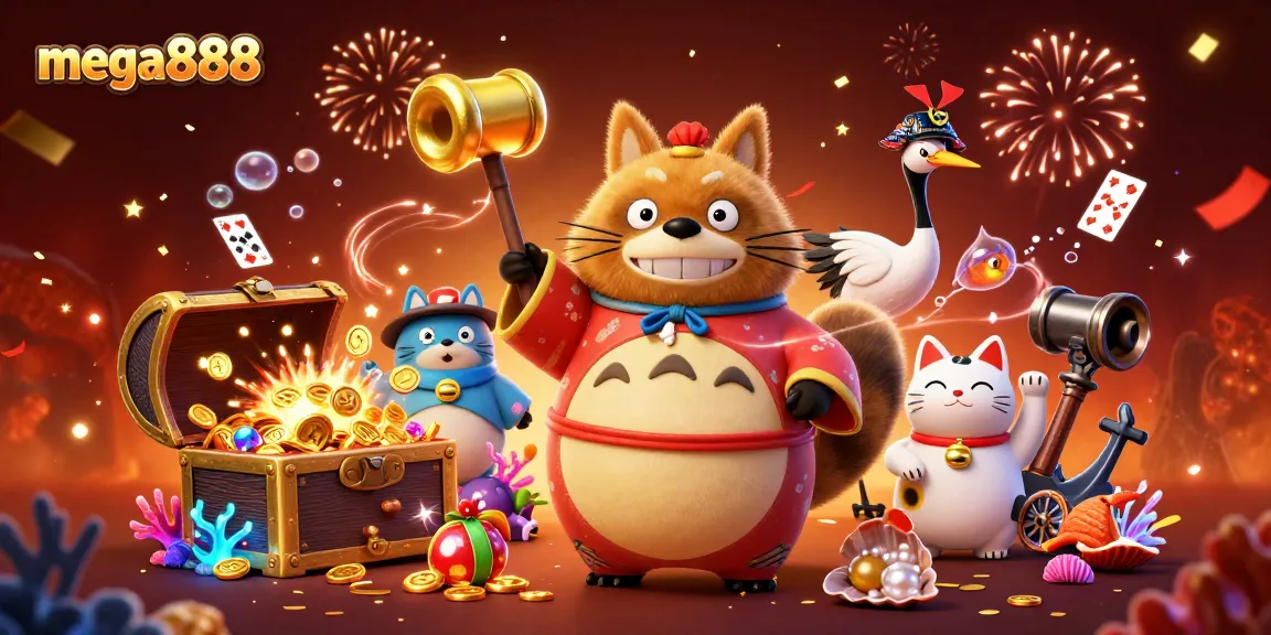 Experience mega888 with playful characters and vibrant casino elements in this captivating scene.
