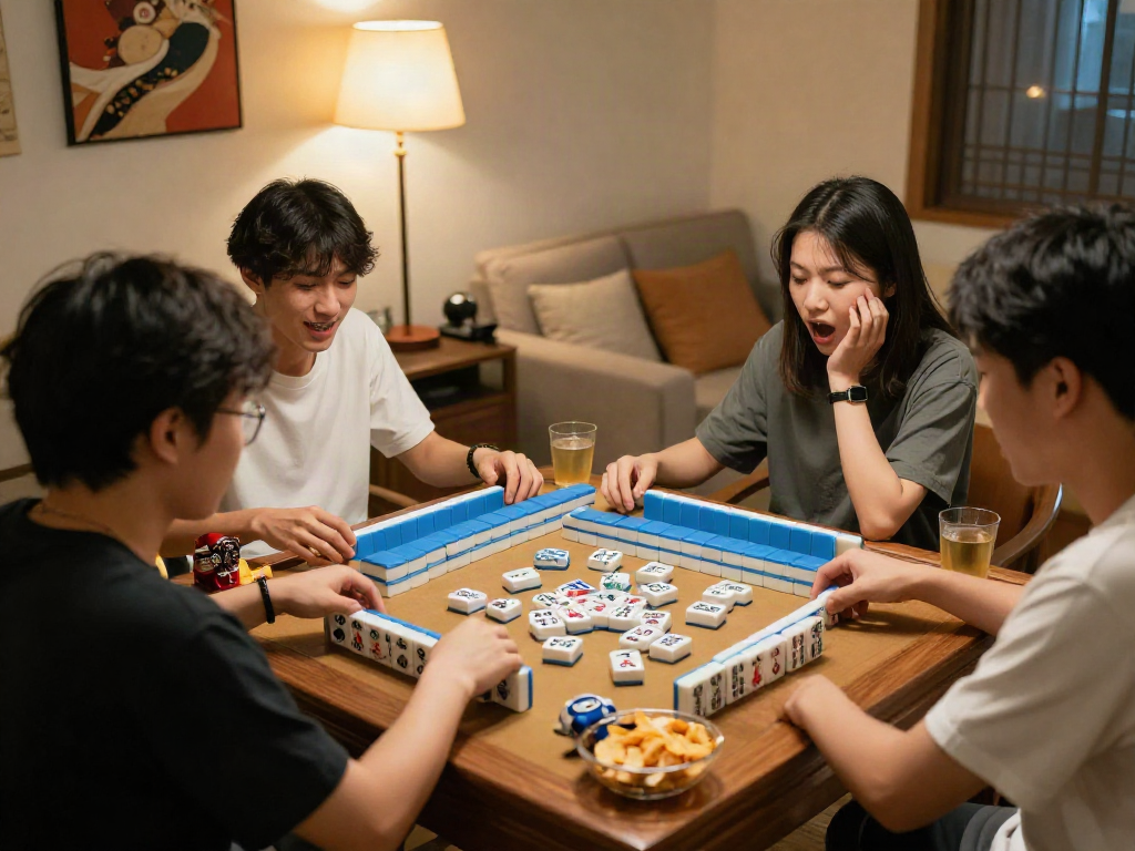 Exciting MahjongJP88 dengan deposit QRIS game night with friends showcasing colorful tiles and cozy atmosphere