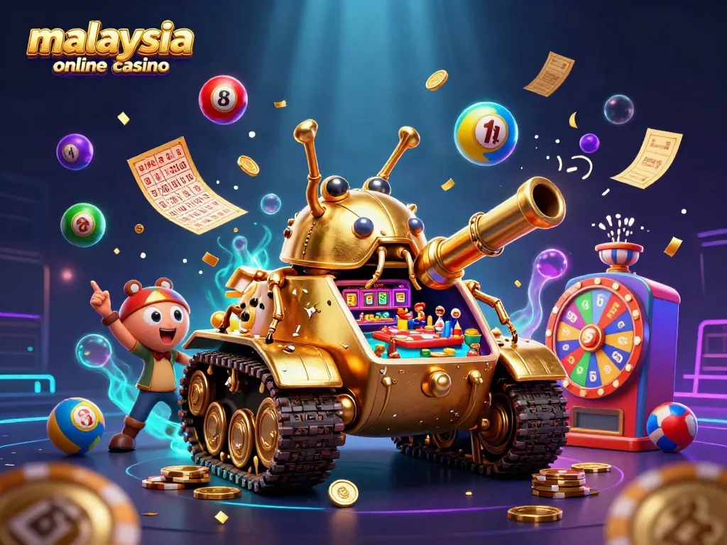 Experience the excitement of a malaysia online casino with a vibrant 3D illustration showcasing unique casino elements.