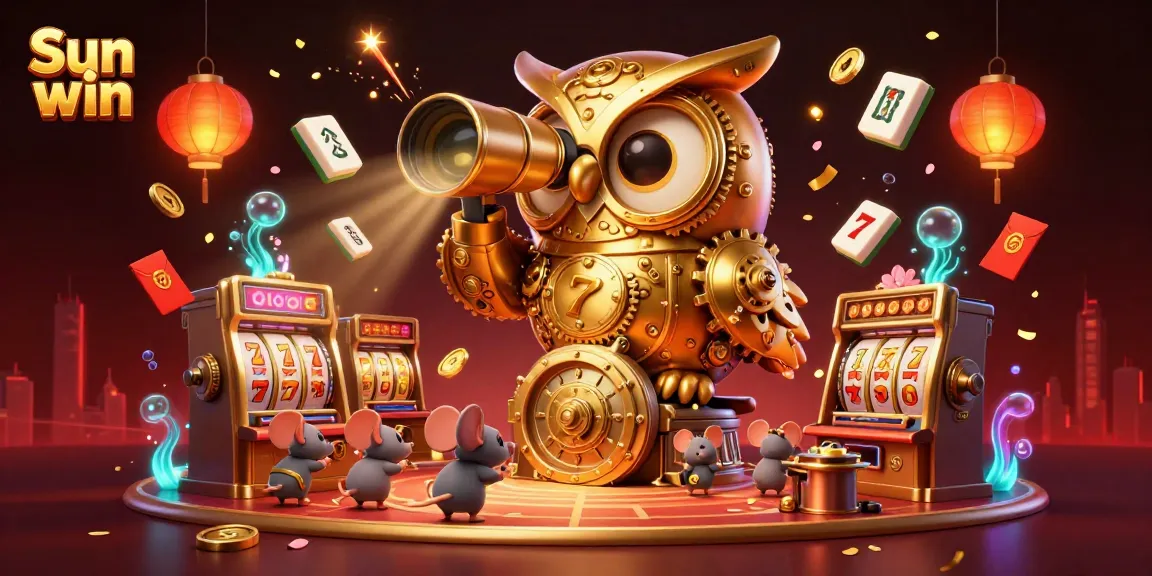 Experience the excitement of the Sun win casino with a whimsical scene featuring a golden owl, slot machines, and festive decorations.