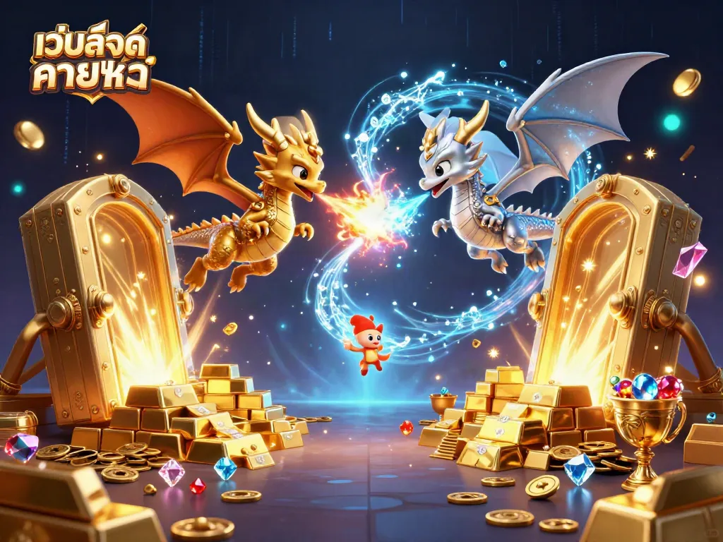 เล่นเว็บสล็อตเว็บตรง ค่ายใหญ่พร้อมมังกรทองและเงินในบรรยากาศดิจิทัลที่อลังการ