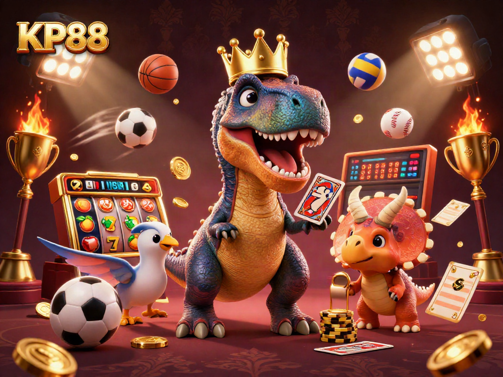 Join KP88 in an exciting casino adventure featuring a playful T-Rex, sports balls, and golden chips!