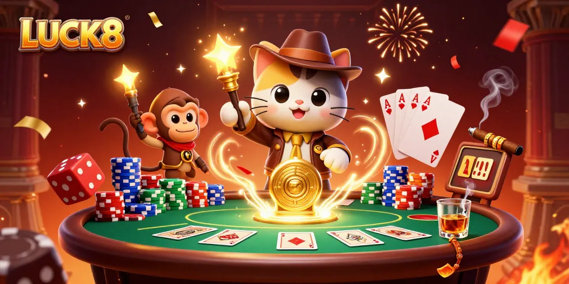 Engage with LUCK8 as the cat explorer and monkey companion discover a golden casino artifact.