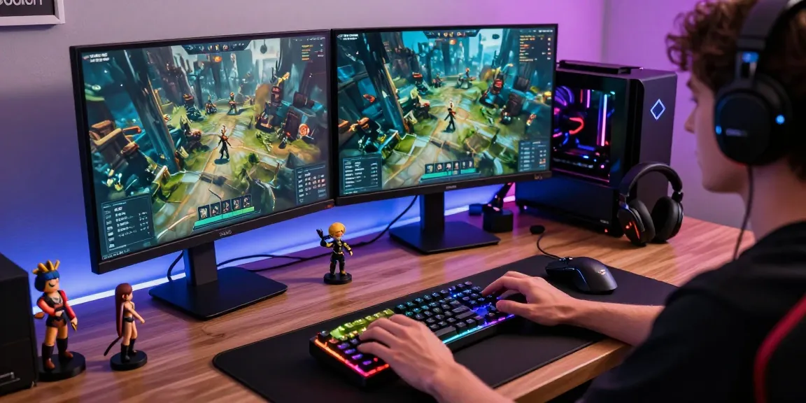 Gamer customizing hall effect switches in a vibrant gaming setup with RGB lighting and monitors