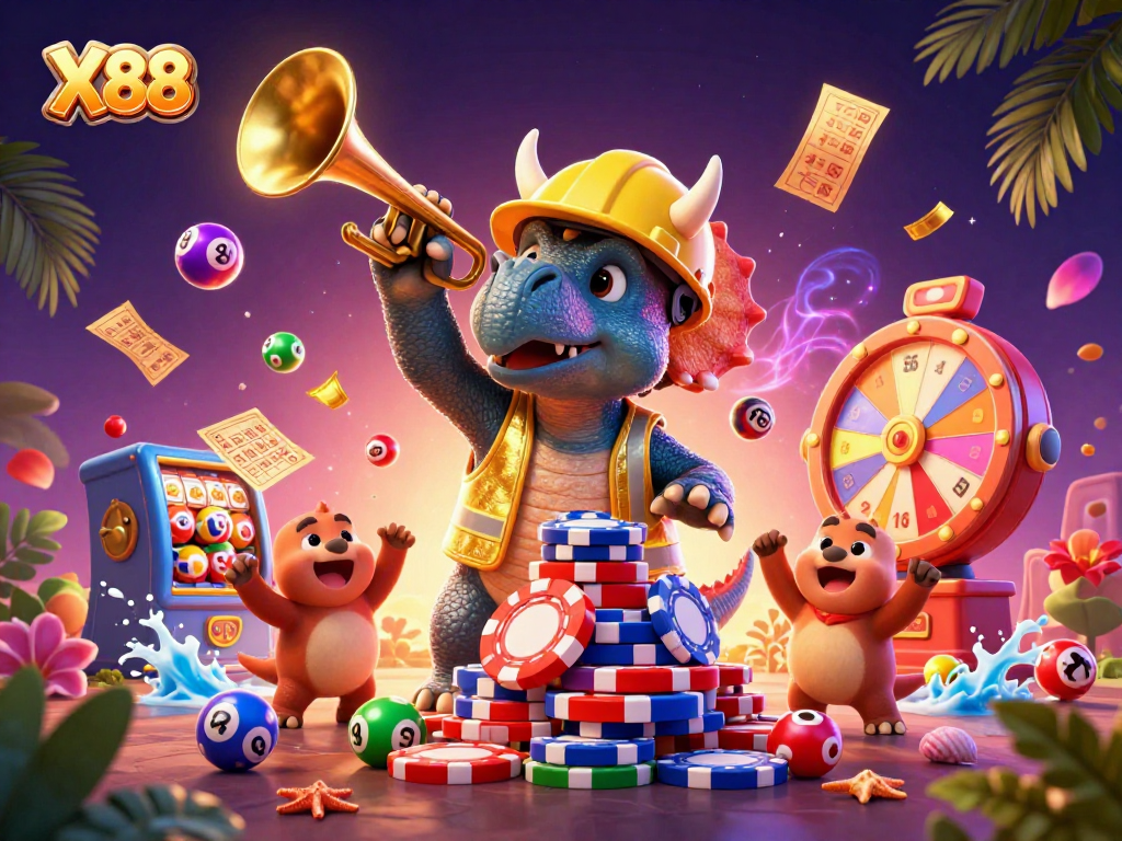 X88 casino entertainment scene featuring a triumphant triceratops building poker chips with colorful elements surrounding.