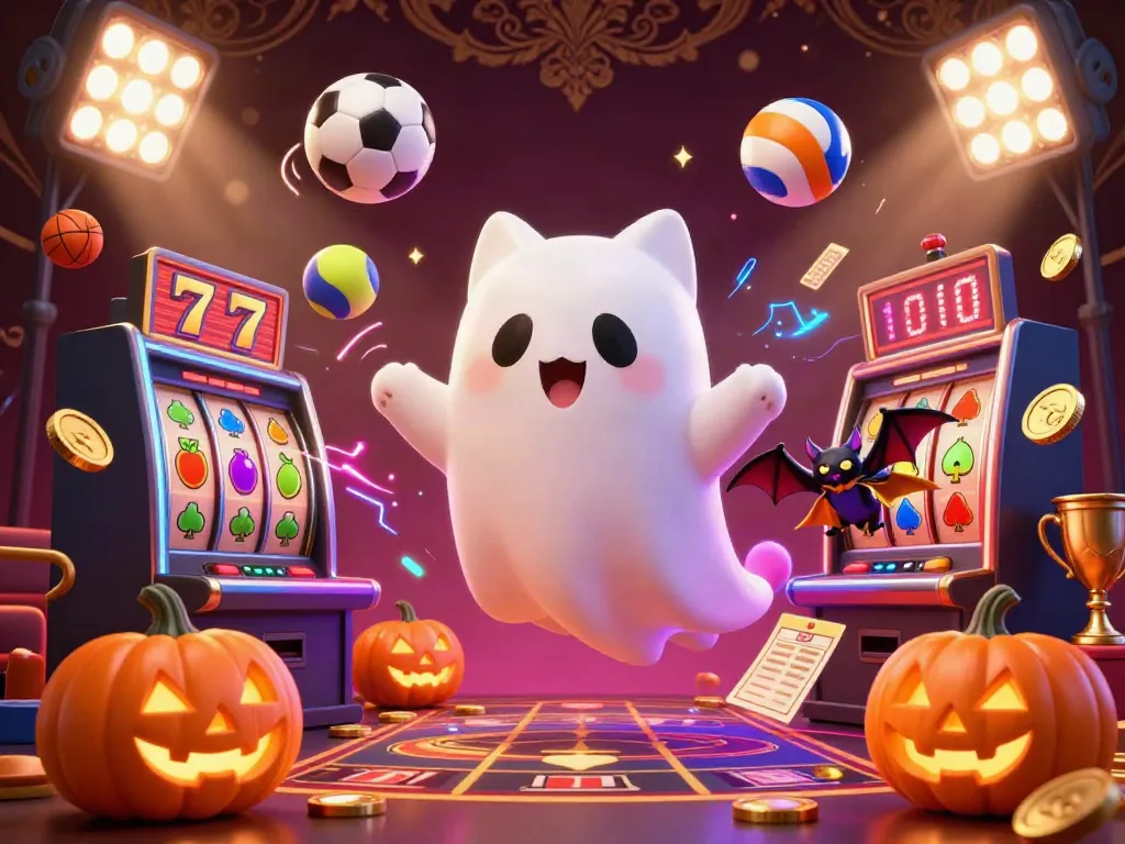Activate LV88's gaming excitement with a ghost cat navigating a bustling casino, winning through slot machines.