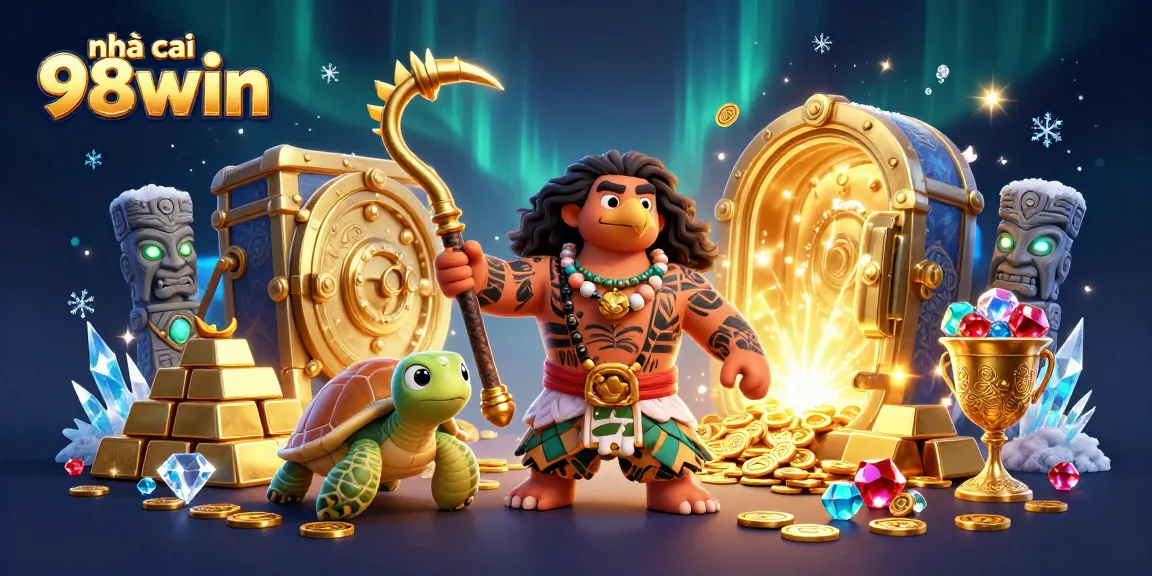 Engage with excitement at nhà cái 98win, showcasing vibrant mythical characters amid gleaming casino treasures.