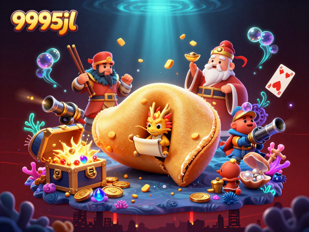 Immerse yourself in the action with 9995jl's golden fortune cookie surrounded by treasure and magical creatures.