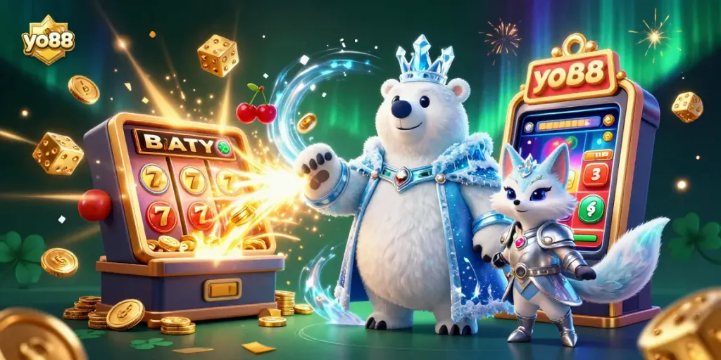 Experience the thrilling jackpots of yo88 with a cartoon ice king and snow fox amidst vibrant casino elements.