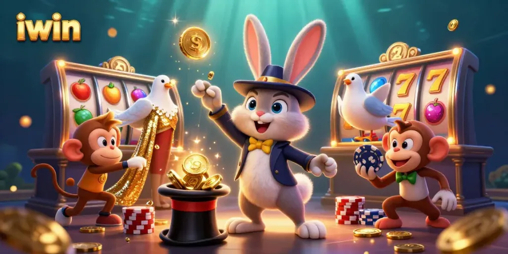 Join the fun with iwin as the magician rabbit pulls coins in a lively casino adventure scene.