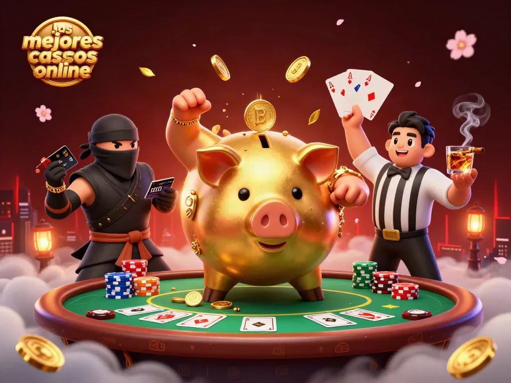 Disfruta de los mejores casinos online con una escena de lucha entre un cerdo sumo y un ninja.