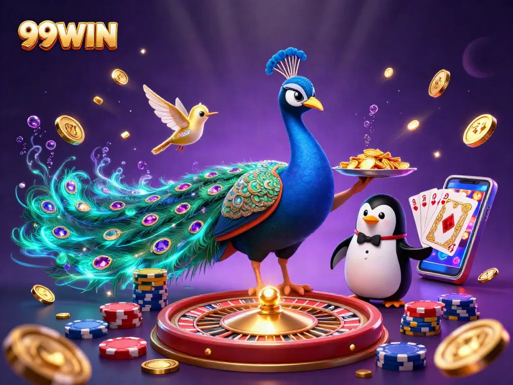 Engage with the vibrant world of 99WIN, a dazzling 3D illustration showcasing a peacock representing casino excitement.