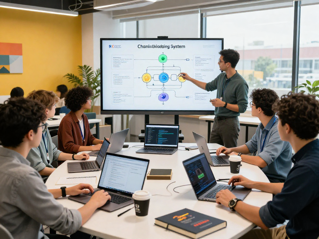 A collaborative development team engaged with acrossprotocol in a vibrant tech workspace, showcasing dynamic cross-chain bridging.