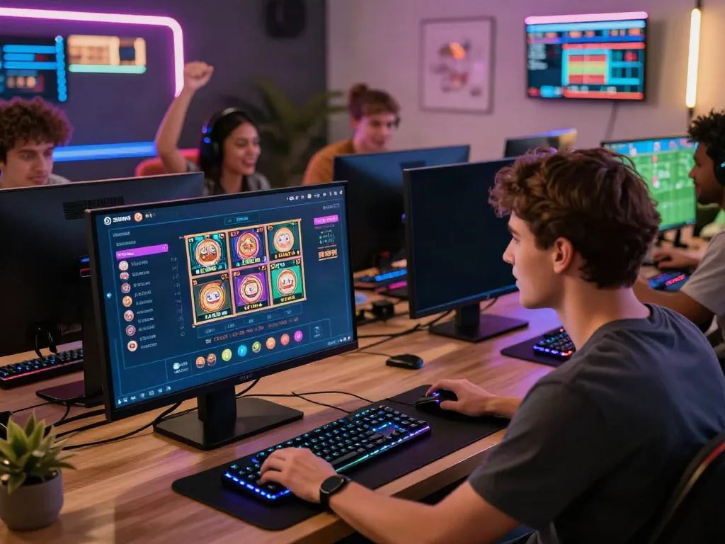 Enthusiastic player celebrating a win on red88's online gaming platform, surrounded by vibrant gaming equipment