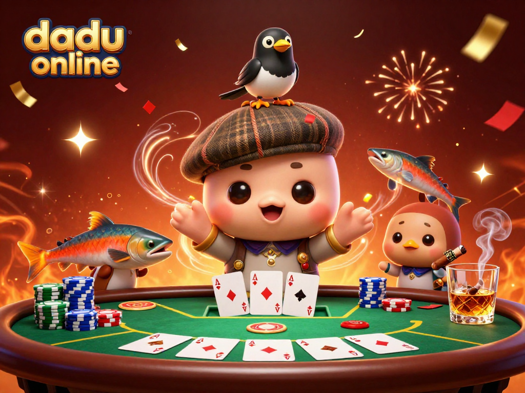 Experience dadu online with lively gaming characters celebrating around vibrant poker elements.