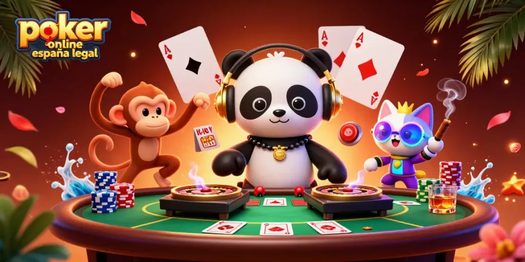 Jugando al póker online España legal en un ambiente dinámico y festivo con un panda DJ, un mono bailando y un gato con un glowstick.