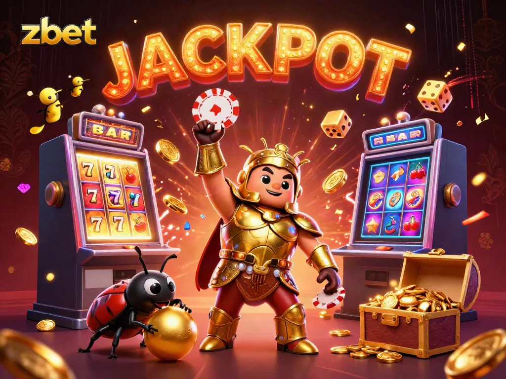 Zbet celebrates a jackpot moment with a victorious beetle, flanked by a dung beetle and glowing fireflies amidst casino elements.