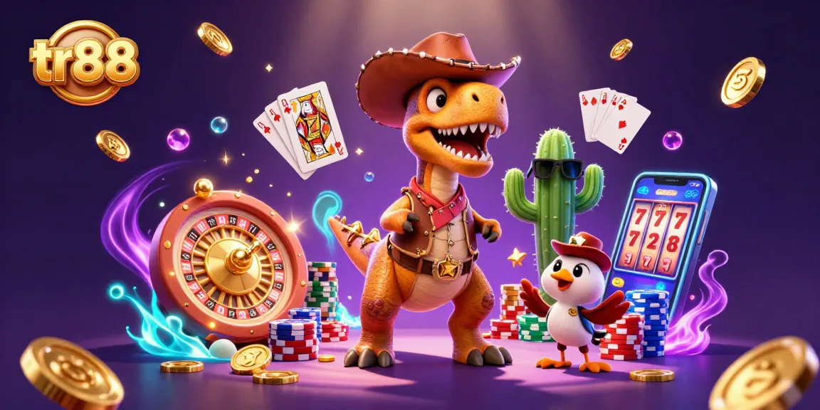 Engage with thrilling tr88 gaming adventures featuring a cartoon T-Rex and vibrant casino elements.
