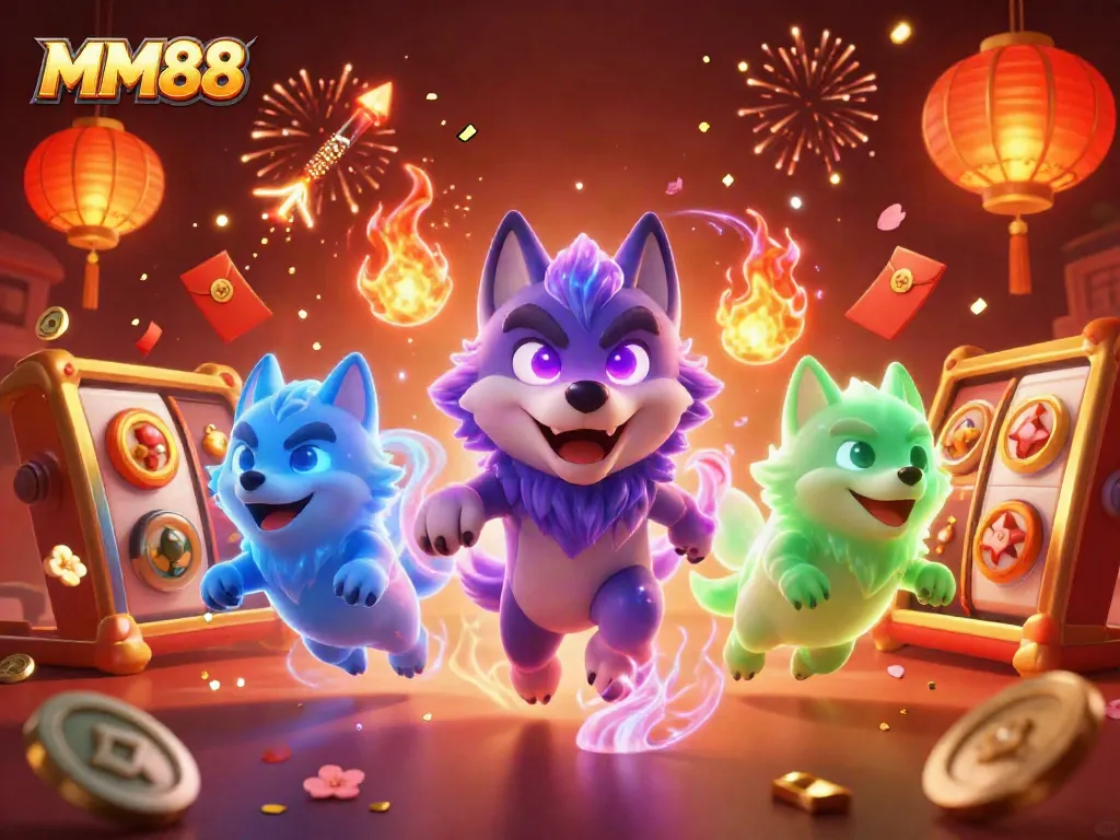 Experience thrilling slots at MM88 with vibrant 3D imagery, dynamic gaming elements, and festive effects.