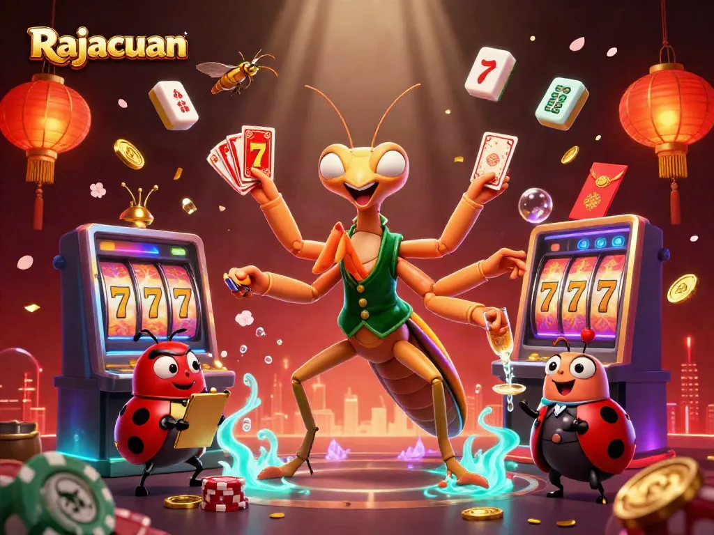 Rajacuan features a vibrant 3D gaming scene with a giant praying mantis dealer and enchanting slot machines.