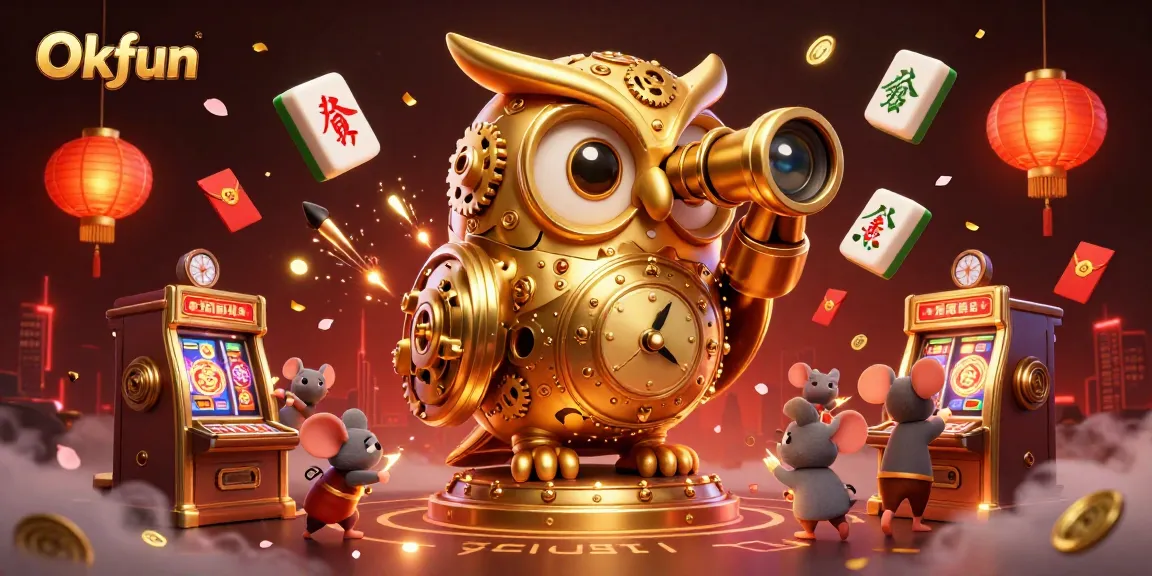 Engage with Okfun's vibrant casino scene featuring a clockwork owl and lively game elements.