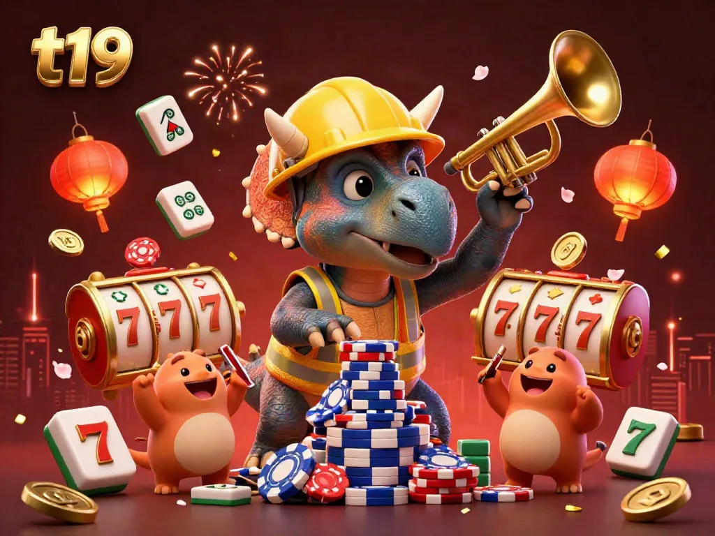 Witness the celebration of t19 with a vibrant casino scene featuring 3D characters and dynamic gaming elements.