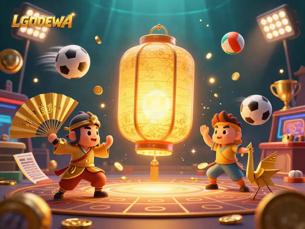 Experience excitement with LGODEWA as golden lantern spirits inspire gamblers at a lively casino scene.
