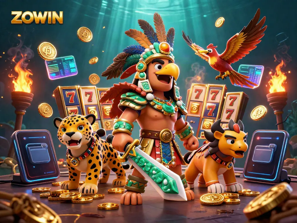 An engaging scene of ZOWIN with Aztec warriors, Bitcoin coins, and dynamic casino elements illustrating online gaming excitement