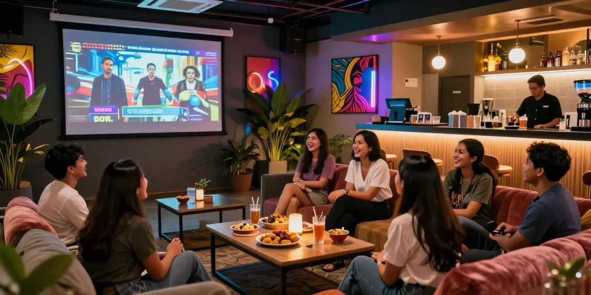 Bokep Indonesia gratis screening at a vibrant lounge filled with friends, laughter, and modern decor.