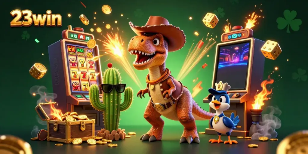 Engage in thrilling slot action at 23win with T-Rex, cactus, and roadrunner amidst jackpot excitement.