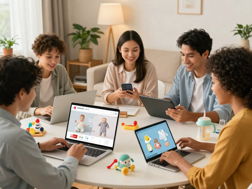 Parents exploring rokok88 for baby products in a cozy home setting, showcasing a modern online shopping experience.