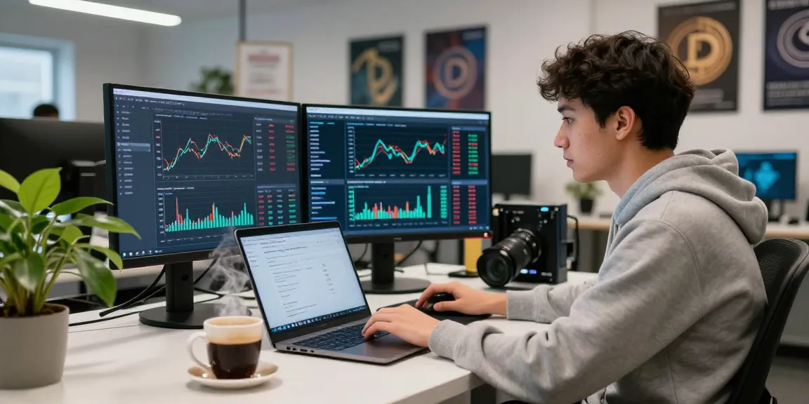 Professional cryptocurrency trader using bungeeexchange on multiple screens in a modern workspace