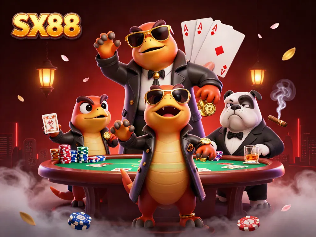 Join the action with SX88 at a lively poker table in this vibrant casino scene.