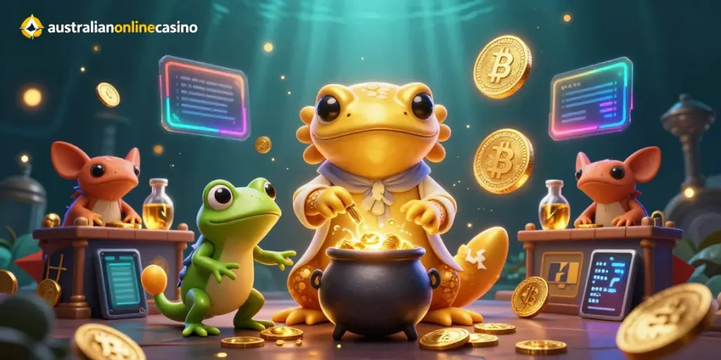 Experience the magic of australianonlinecasino with vibrant characters and crypto-themed elements in a fantasy setting.