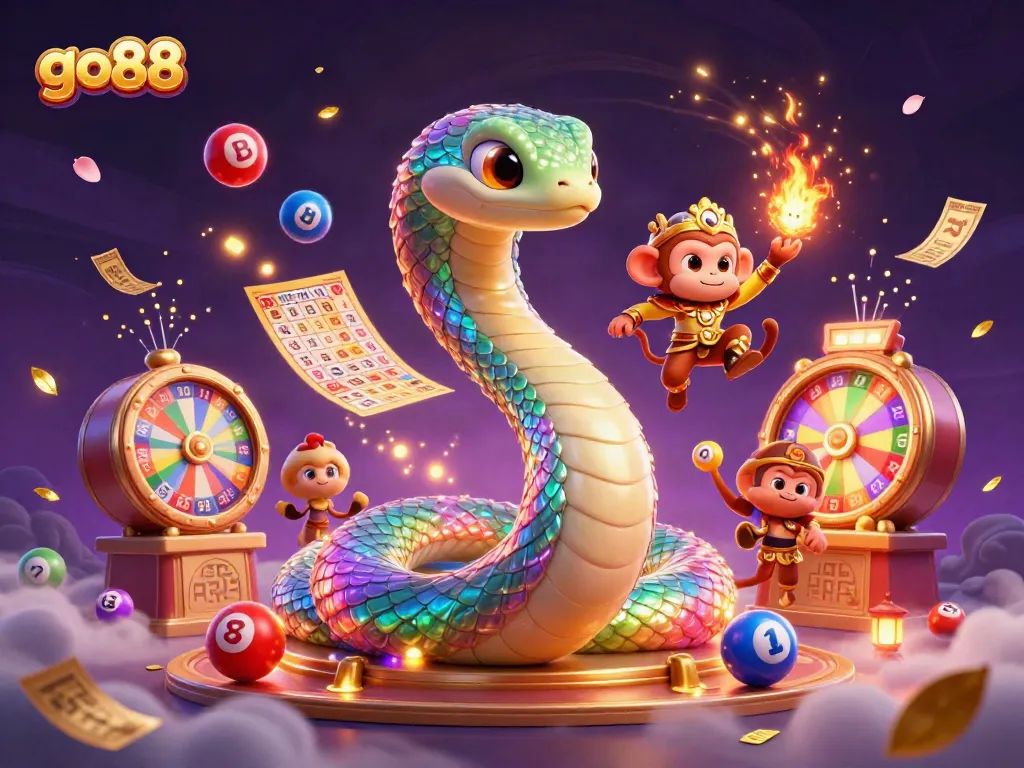 go88 showcases a dynamic golden gaming atmosphere with vibrant lottery elements and enchanting characters.
