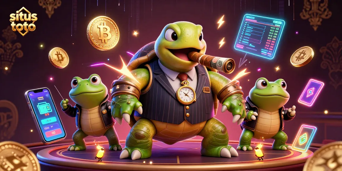 Experience situs toto thrills with a dynamic casino scene featuring bold characters and vibrant crypto elements.