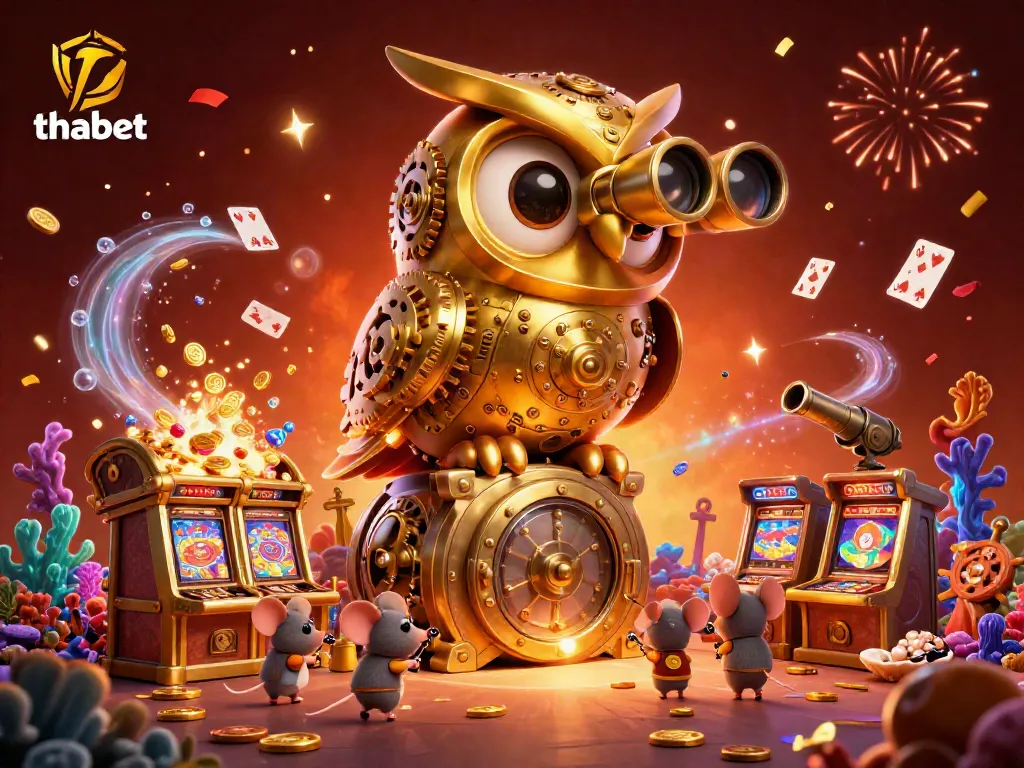 Experience thrilling gameplay at thabet with the clockwork owl surveying a vibrant casino scene, coins and cards flying.