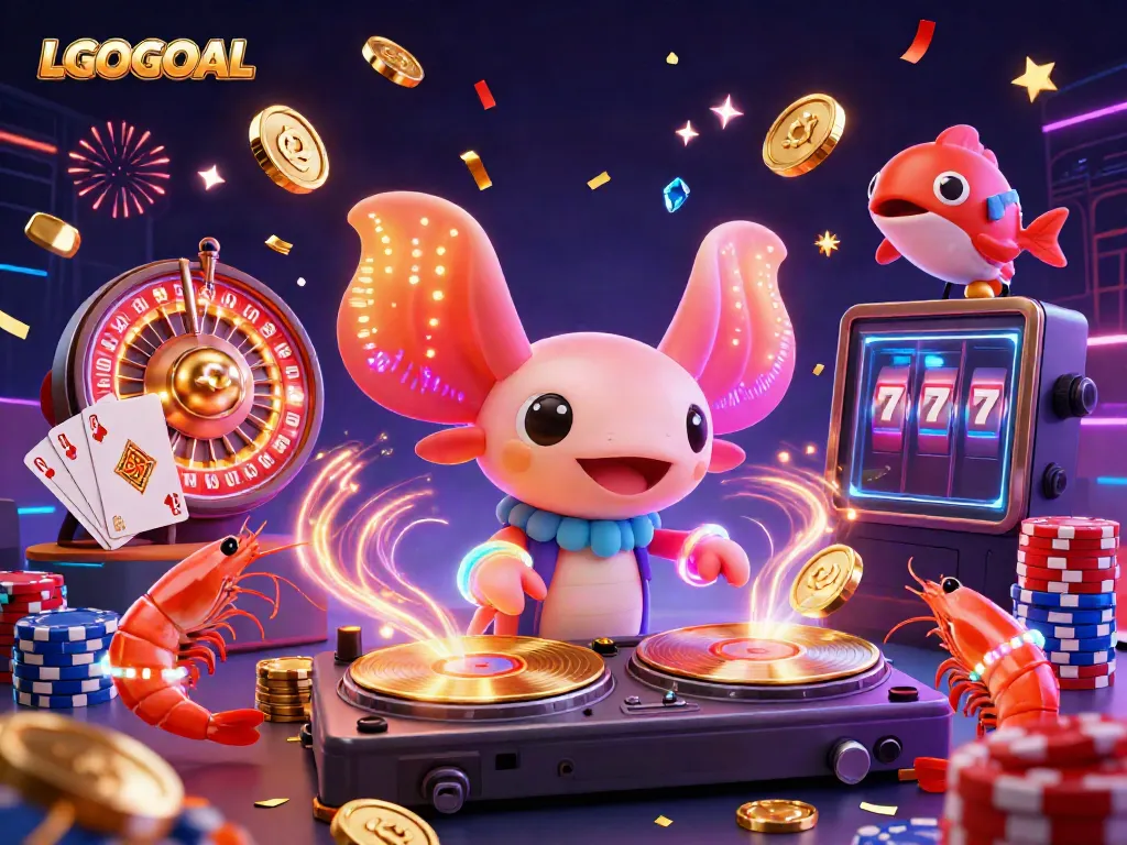 Experience excitement with LGOGOAL's vibrant casino scene featuring a colorful 3D DJ, dancing sea creatures, and dynamic gambling elements.