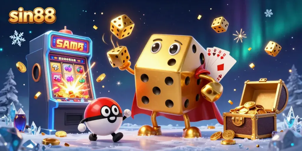 Experience the vibrant casino world of sin88 with a captivating 3D illustration of a dice golem and slot machine bursting with prizes.